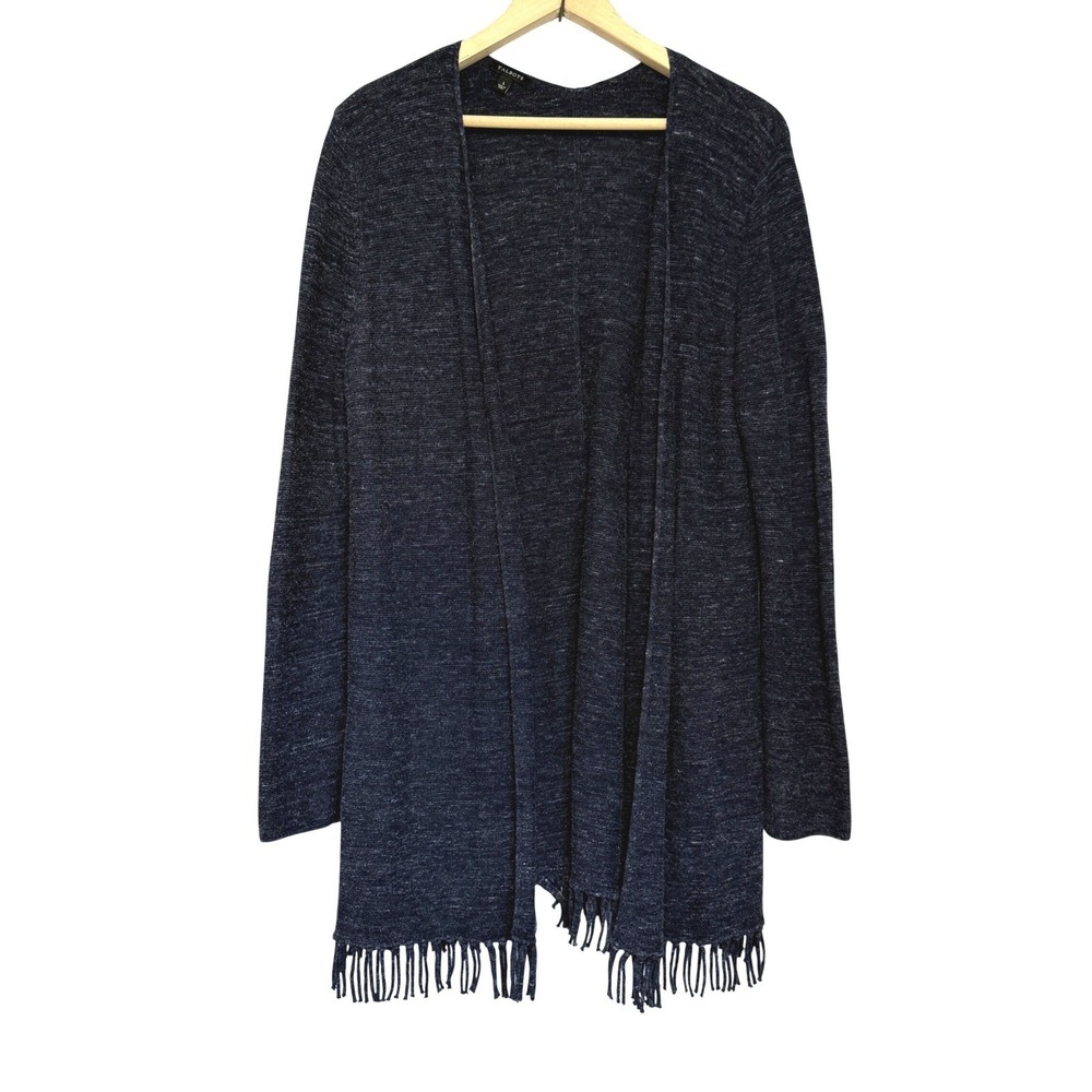 Talbots Cardigan Sweater Open Front Fringe Hem Womens L Blue Cotton Viscose Knit